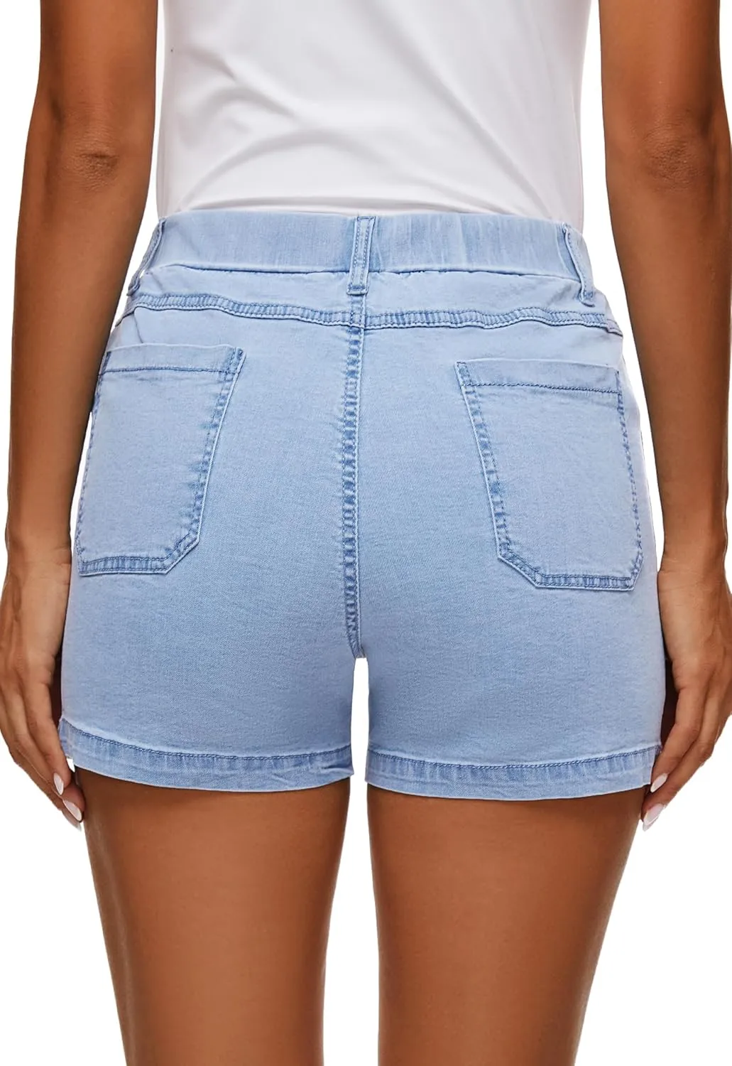 HVEPUO Womens Jean Shorts High Waisted Summer Cotton Stretchy Casual Pull On Beach Elastic Waist Denim Shorts with Pockets