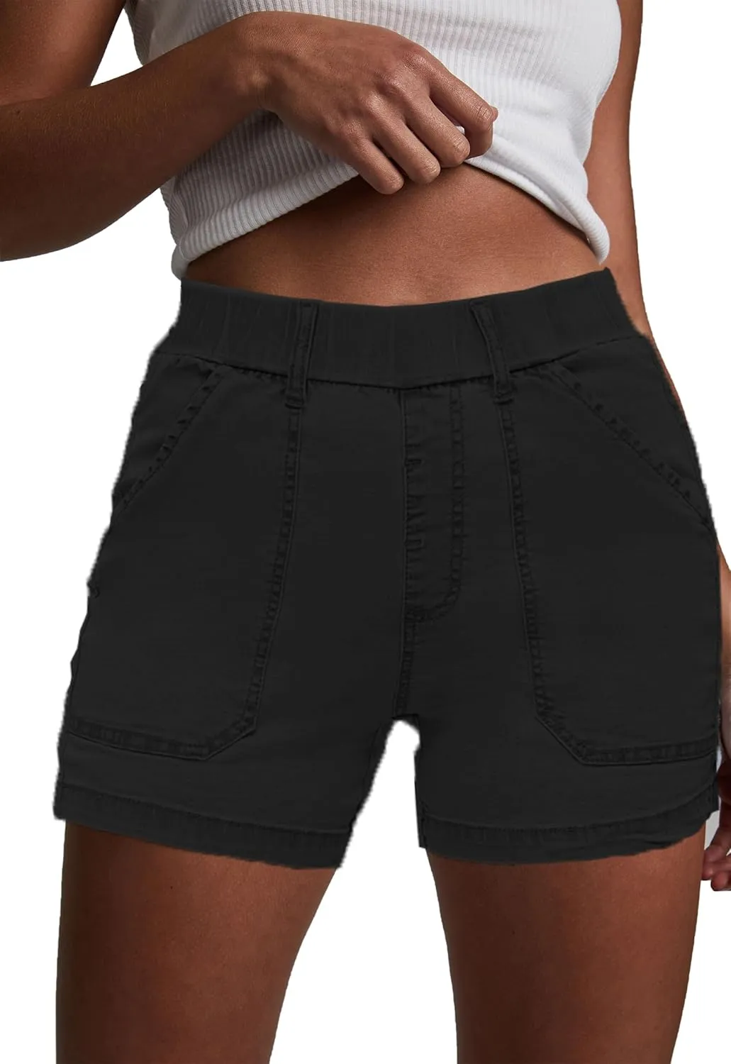 HVEPUO Womens Jean Shorts High Waisted Summer Cotton Stretchy Casual Pull On Beach Elastic Waist Denim Shorts with Pockets