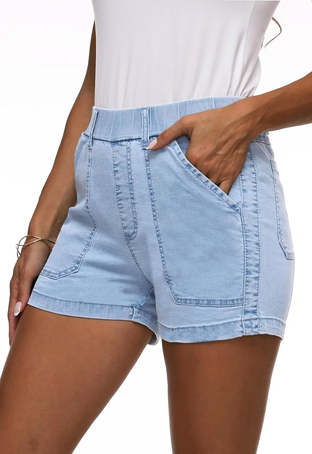 HVEPUO Womens Jean Shorts High Waisted Summer Cotton Stretchy Casual Pull On Beach Elastic Waist Denim Shorts with Pockets