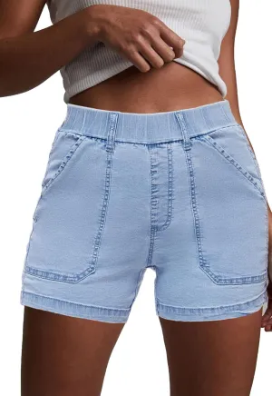 HVEPUO Womens Jean Shorts High Waisted Summer Cotton Stretchy Casual Pull On Beach Elastic Waist Denim Shorts with Pockets