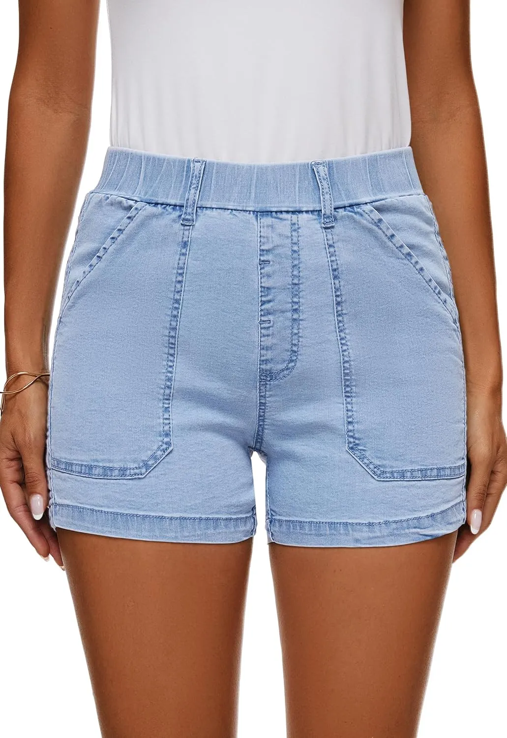 HVEPUO Womens Jean Shorts High Waisted Summer Cotton Stretchy Casual Pull On Beach Elastic Waist Denim Shorts with Pockets