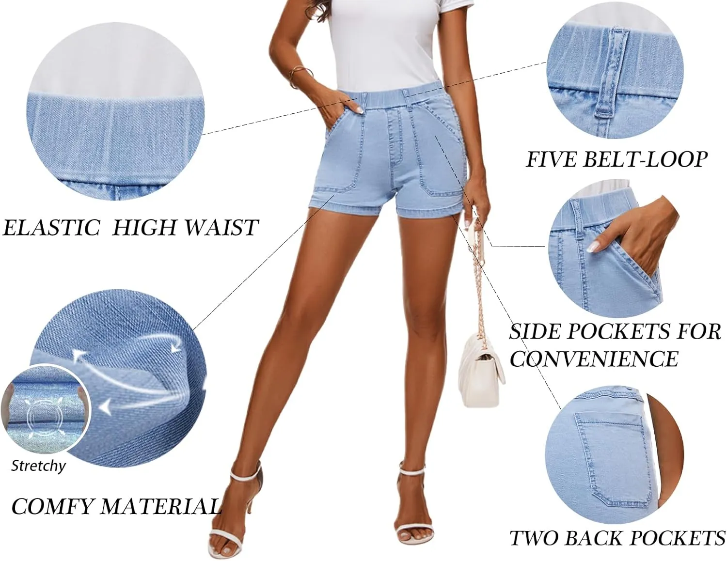HVEPUO Womens Jean Shorts High Waisted Summer Cotton Stretchy Casual Pull On Beach Elastic Waist Denim Shorts with Pockets