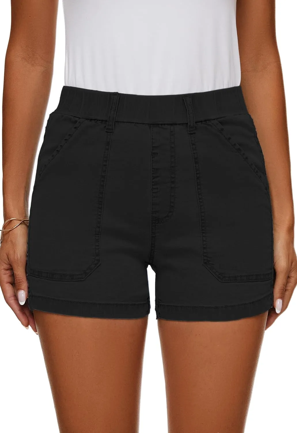 HVEPUO Womens Jean Shorts High Waisted Summer Cotton Stretchy Casual Pull On Beach Elastic Waist Denim Shorts with Pockets