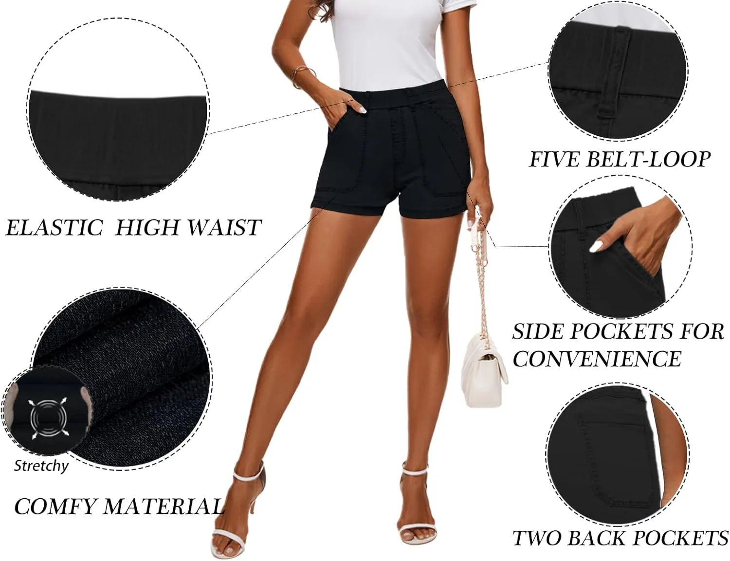 HVEPUO Womens Jean Shorts High Waisted Summer Cotton Stretchy Casual Pull On Beach Elastic Waist Denim Shorts with Pockets