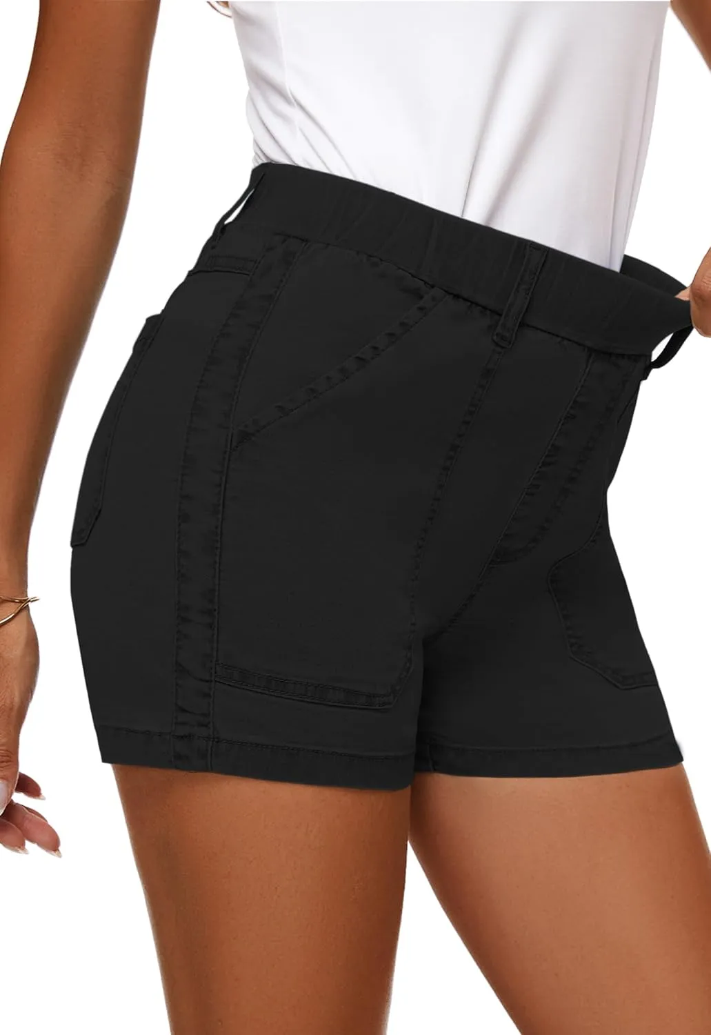 HVEPUO Womens Jean Shorts High Waisted Summer Cotton Stretchy Casual Pull On Beach Elastic Waist Denim Shorts with Pockets