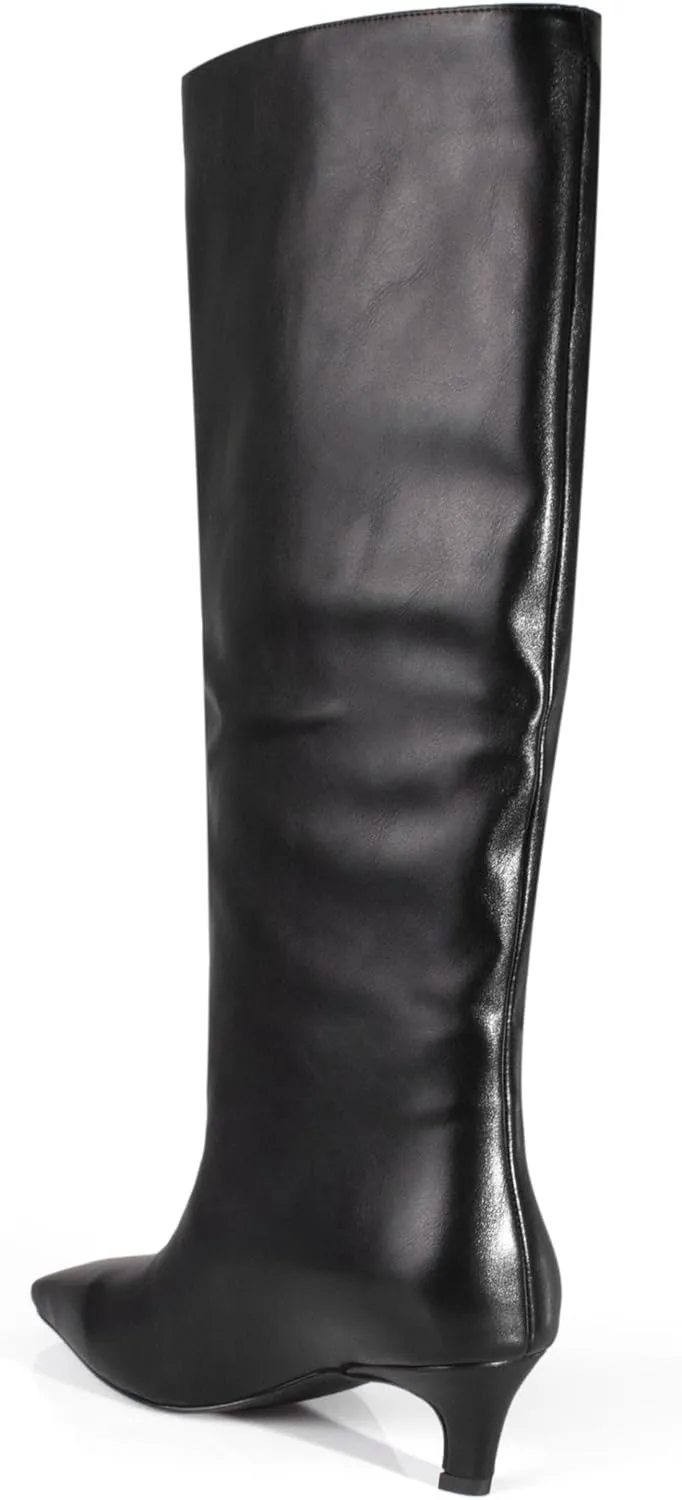 iadore Women's Western Knight Boots, Vegan Leather Crocodile Printed Square Toe Kitten Heel Wide Straight Shaft Knee High Boots 2 Inch