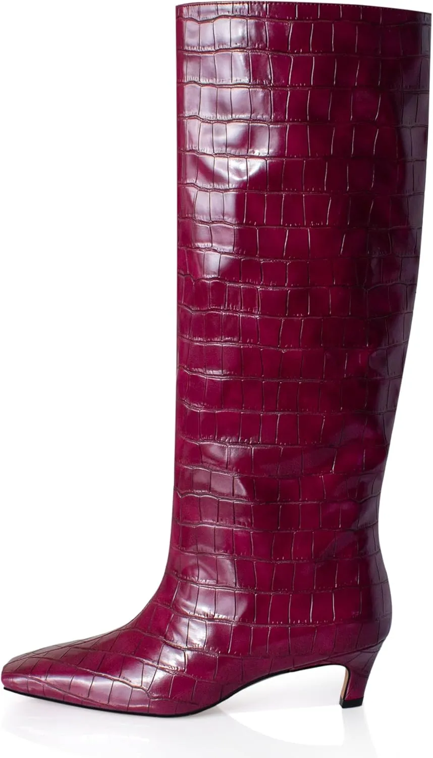 iadore Women's Western Knight Boots, Vegan Leather Crocodile Printed Square Toe Kitten Heel Wide Straight Shaft Knee High Boots 2 Inch