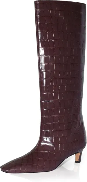 iadore Women's Western Knight Boots, Vegan Leather Crocodile Printed Square Toe Kitten Heel Wide Straight Shaft Knee High Boots 2 Inch