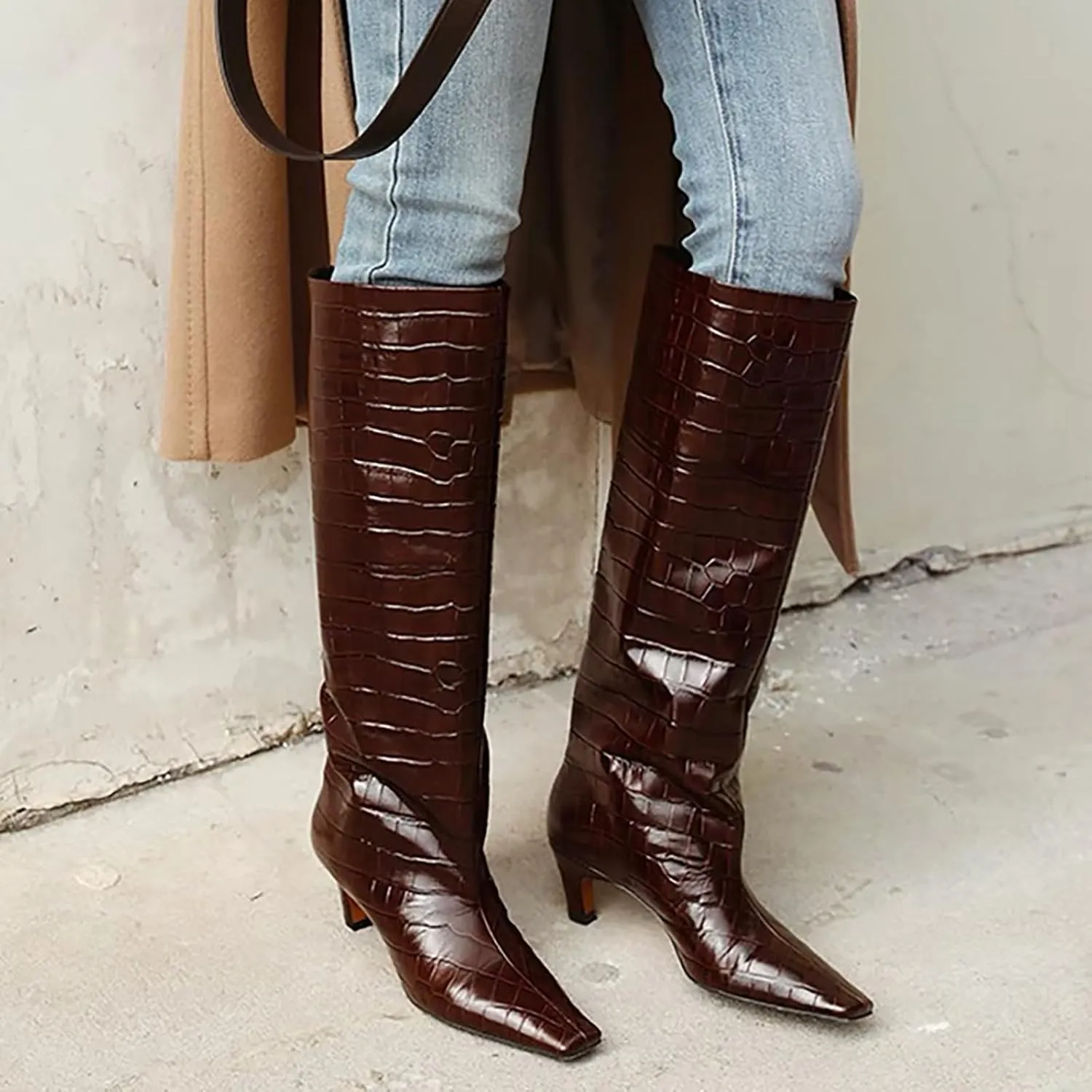 iadore Women's Western Knight Boots, Vegan Leather Crocodile Printed Square Toe Kitten Heel Wide Straight Shaft Knee High Boots 2 Inch