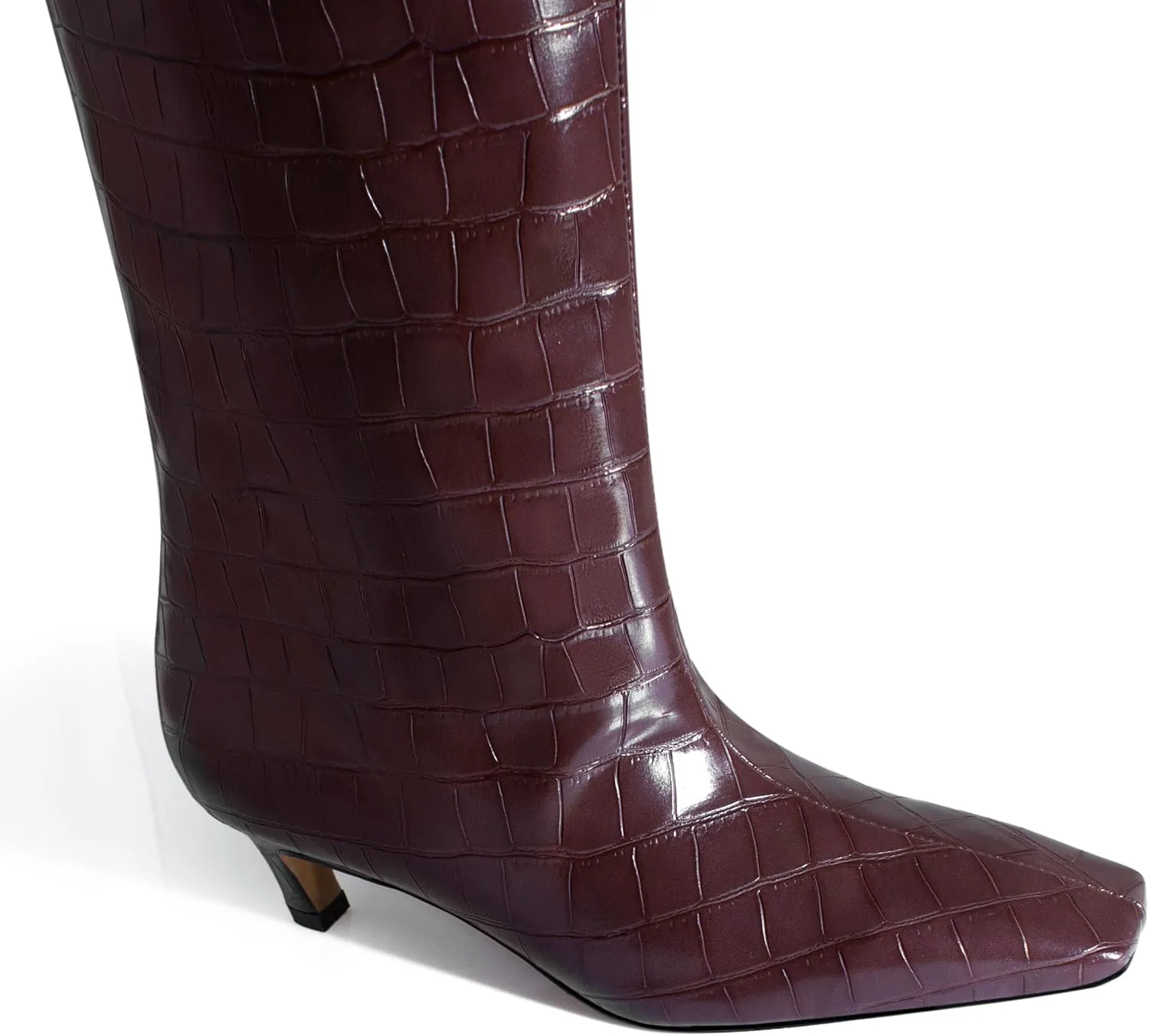 iadore Women's Western Knight Boots, Vegan Leather Crocodile Printed Square Toe Kitten Heel Wide Straight Shaft Knee High Boots 2 Inch