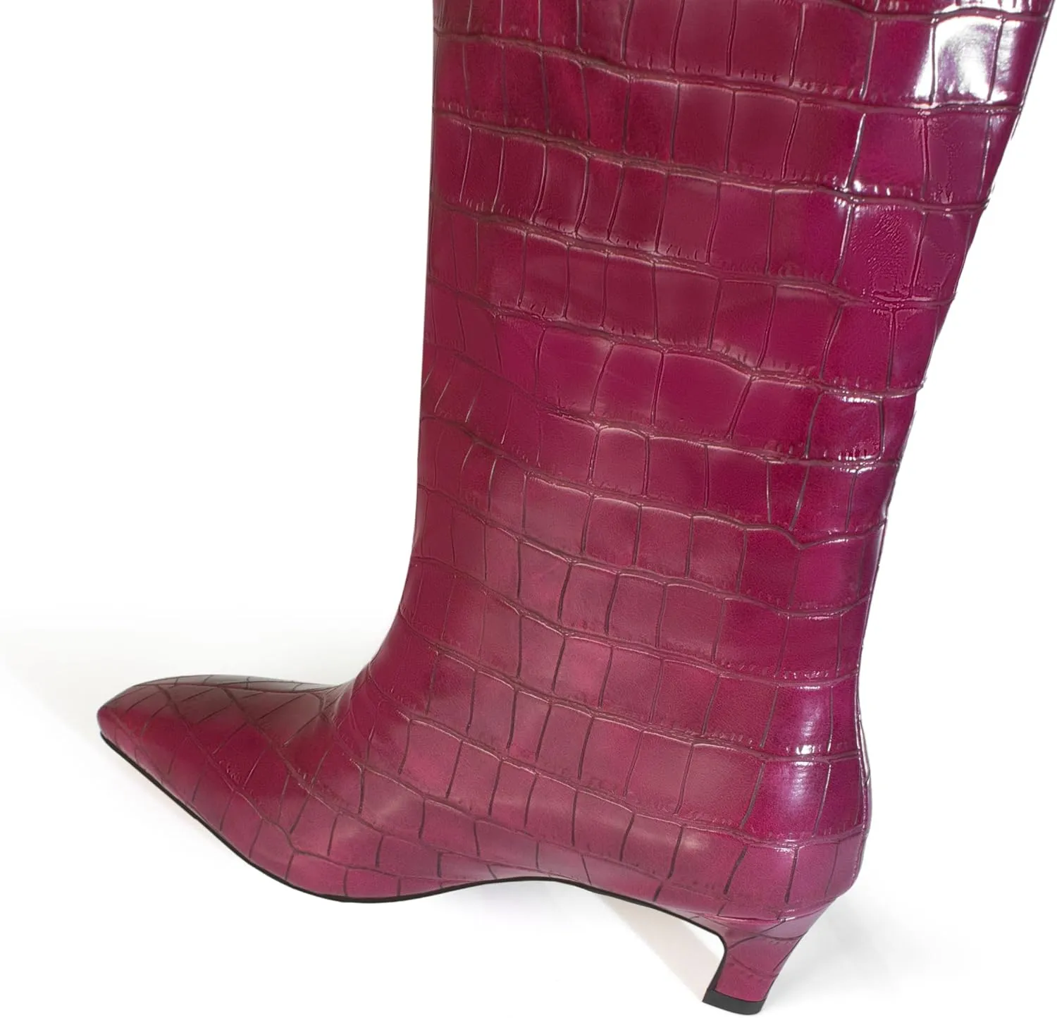 iadore Women's Western Knight Boots, Vegan Leather Crocodile Printed Square Toe Kitten Heel Wide Straight Shaft Knee High Boots 2 Inch