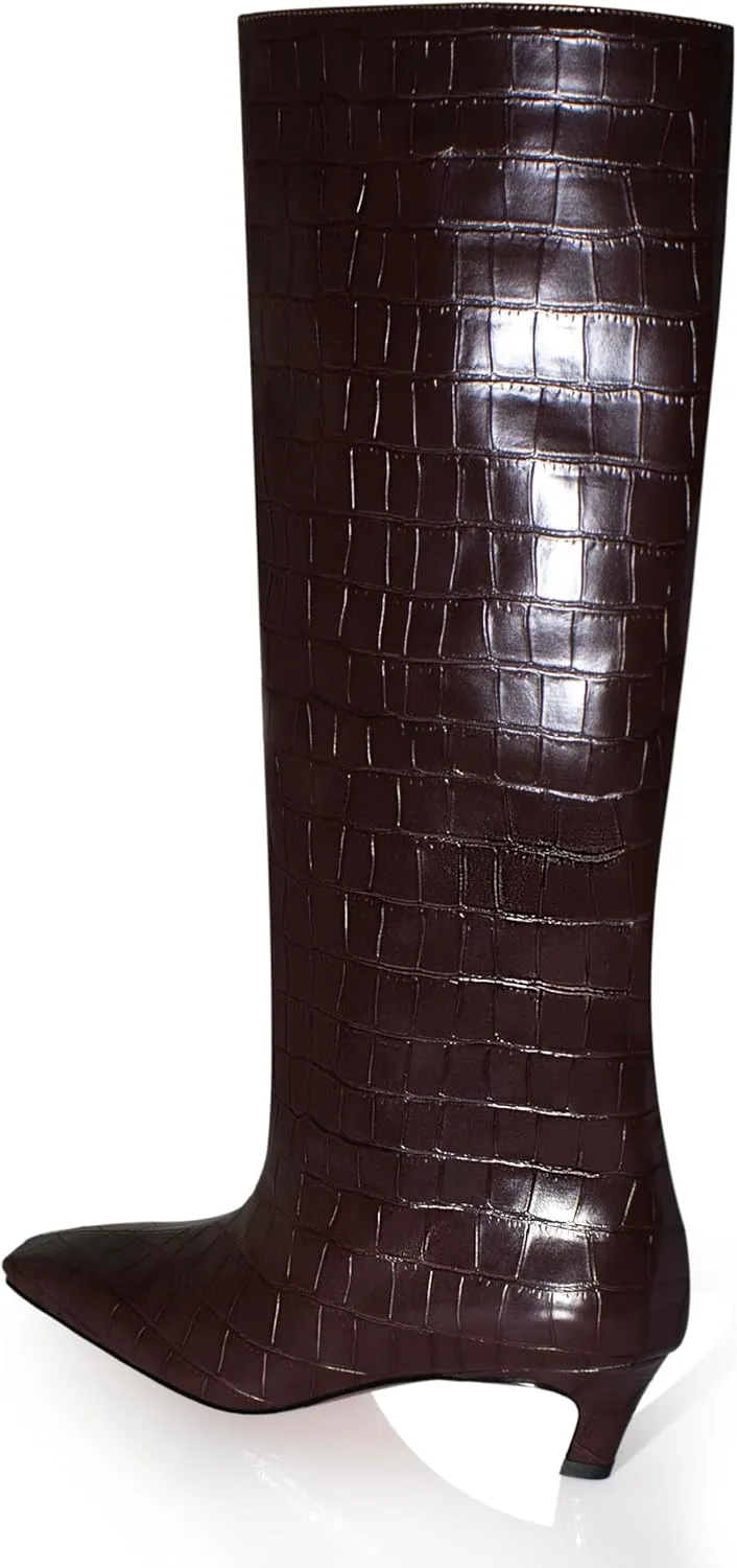 iadore Women's Western Knight Boots, Vegan Leather Crocodile Printed Square Toe Kitten Heel Wide Straight Shaft Knee High Boots 2 Inch