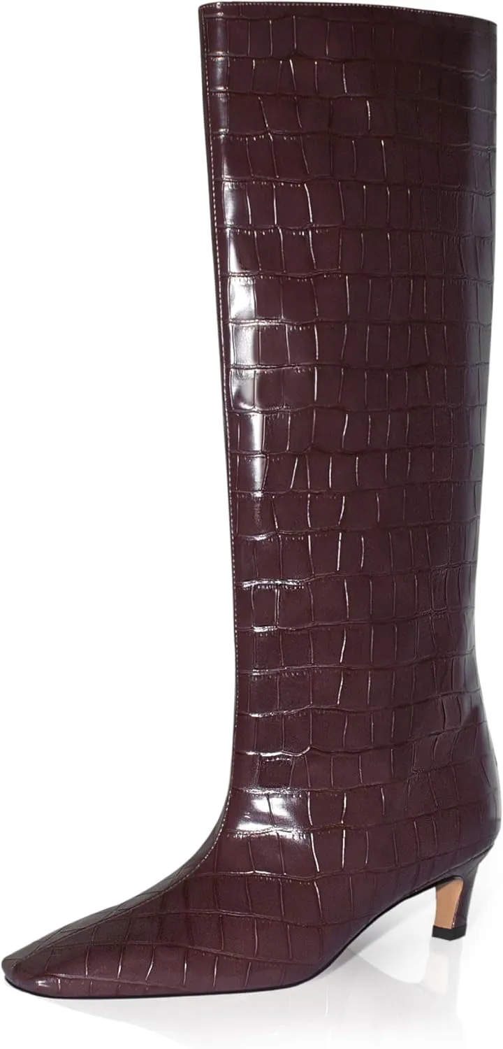 iadore Women's Western Knight Boots, Vegan Leather Crocodile Printed Square Toe Kitten Heel Wide Straight Shaft Knee High Boots 2 Inch