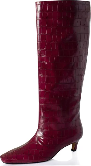 iadore Women's Western Knight Boots, Vegan Leather Crocodile Printed Square Toe Kitten Heel Wide Straight Shaft Knee High Boots 2 Inch