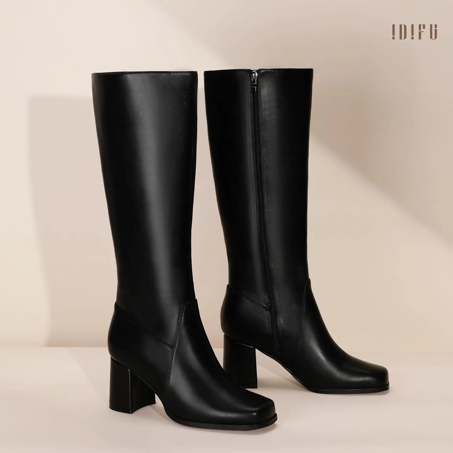 IDIFU Women's IN3 Knee High Boots Square Toe Gogo Tall Boots Low Short Chunky Block Heel Long Fall Boots Side Zipper for Women Ladies Dressy Comfortable Fashion Modern Pull On Small Heeled Boots