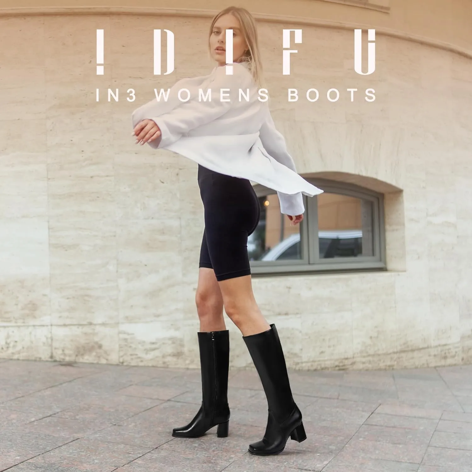 IDIFU Women's IN3 Knee High Boots Square Toe Gogo Tall Boots Low Short Chunky Block Heel Long Fall Boots Side Zipper for Women Ladies Dressy Comfortable Fashion Modern Pull On Small Heeled Boots