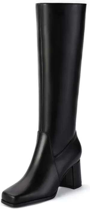 IDIFU Women's IN3 Knee High Boots Square Toe Gogo Tall Boots Low Short Chunky Block Heel Long Fall Boots Side Zipper for Women Ladies Dressy Comfortable Fashion Modern Pull On Small Heeled Boots
