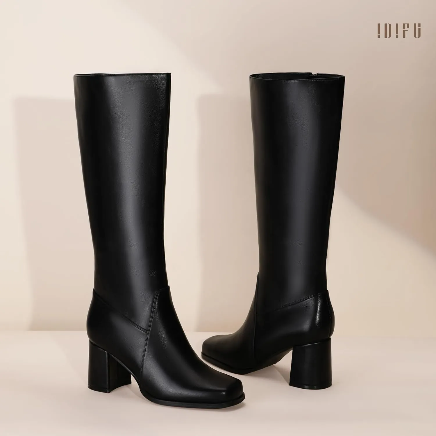 IDIFU Women's IN3 Knee High Boots Square Toe Gogo Tall Boots Low Short Chunky Block Heel Long Fall Boots Side Zipper for Women Ladies Dressy Comfortable Fashion Modern Pull On Small Heeled Boots