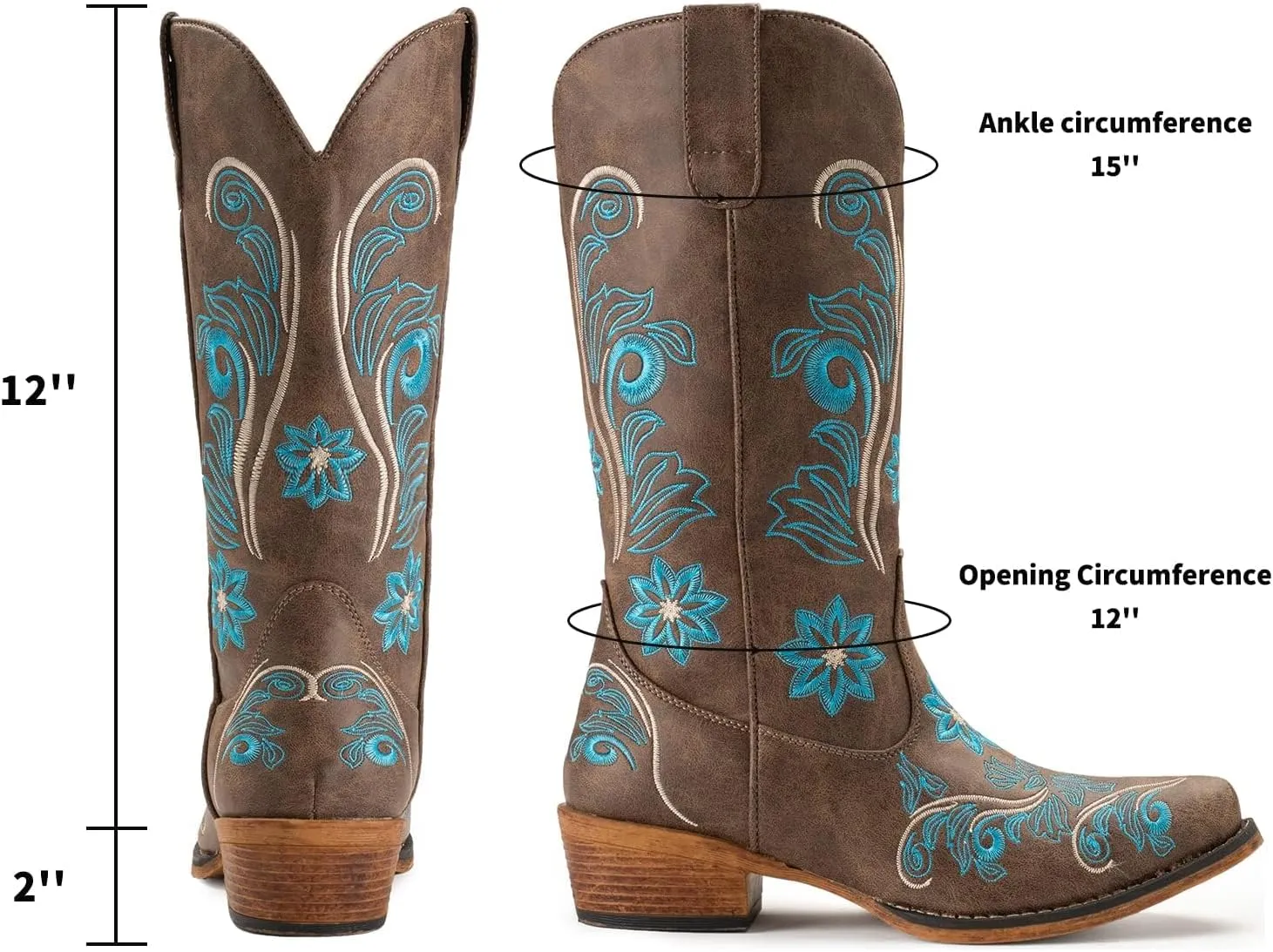 IUV Cowboy Boots For Women Mid Calf Cowgirl Boots Embroidered Pull-On Tabs Snip Toe Boot