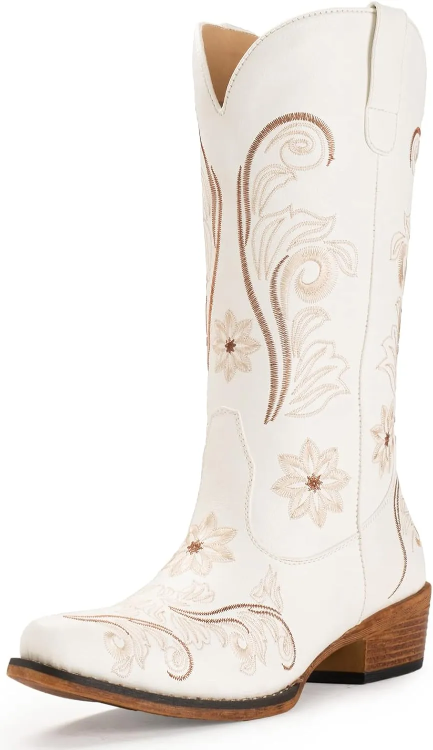 IUV Cowboy Boots For Women Mid Calf Cowgirl Boots Embroidered Pull-On Tabs Snip Toe Boot