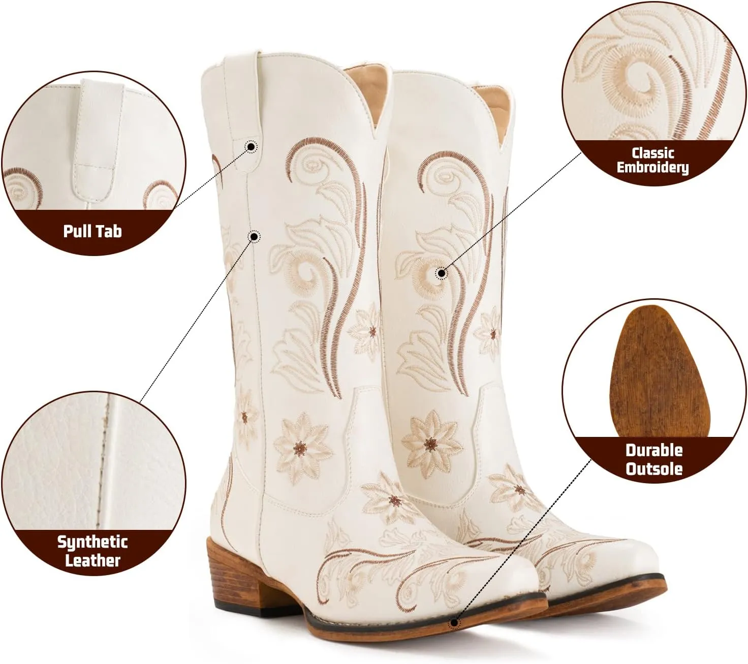 IUV Cowboy Boots For Women Mid Calf Cowgirl Boots Embroidered Pull-On Tabs Snip Toe Boot