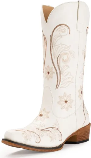 IUV Cowboy Boots For Women Mid Calf Cowgirl Boots Embroidered Pull-On Tabs Snip Toe Boot