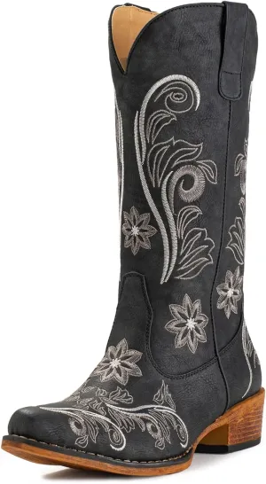 IUV Cowboy Boots For Women Mid Calf Cowgirl Boots Embroidered Pull-On Tabs Snip Toe Boot