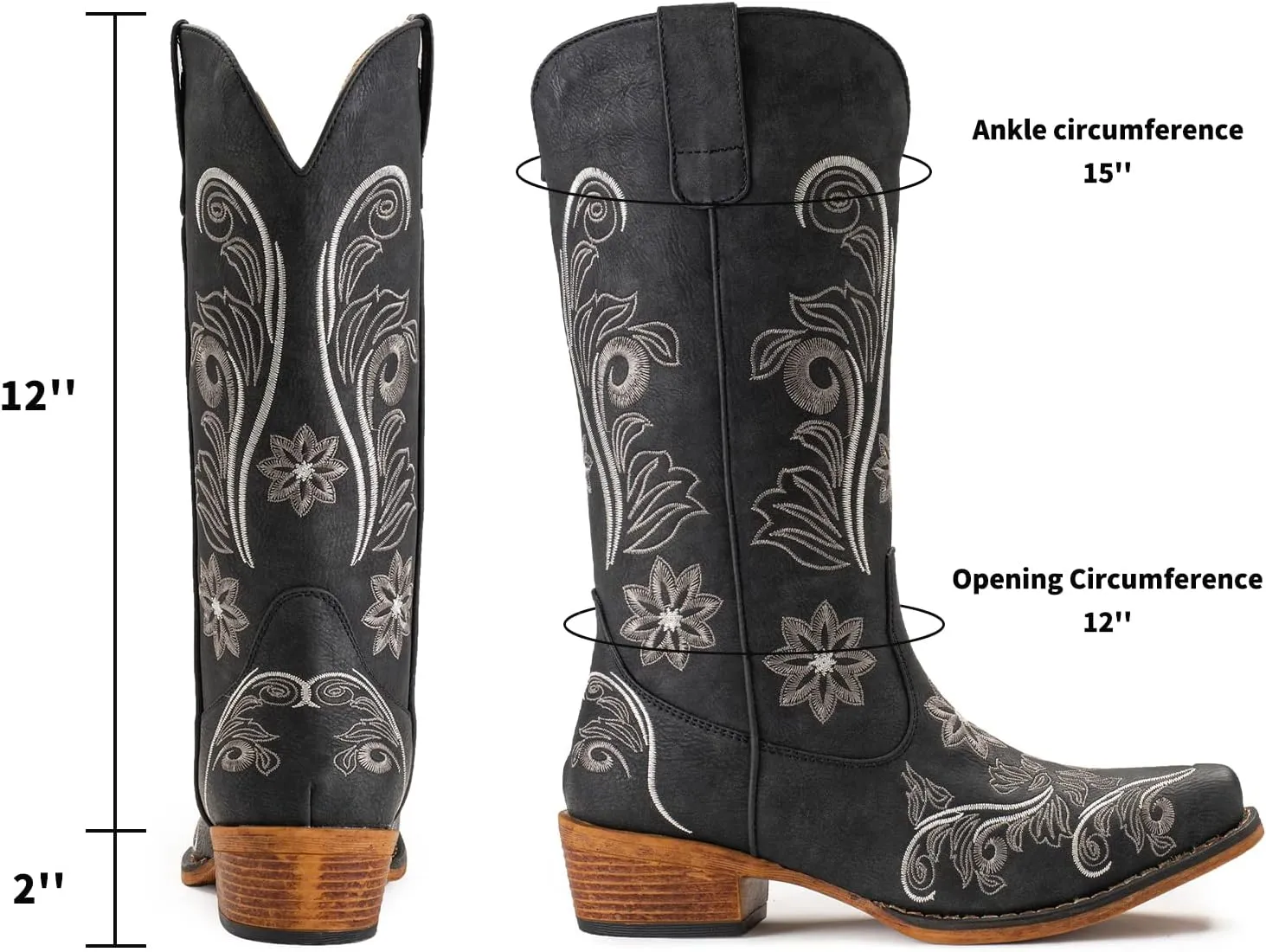 IUV Cowboy Boots For Women Mid Calf Cowgirl Boots Embroidered Pull-On Tabs Snip Toe Boot