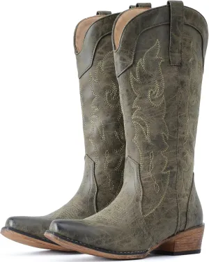 IUV Cowboy Boots for Women Mid Calf Fashion Cowgirl Boots with Embroidery Western Snip Toe
