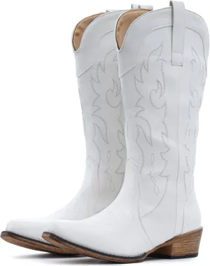 IUV Cowboy Boots for Women Mid Calf Fashion Cowgirl Boots with Embroidery Western Snip Toe