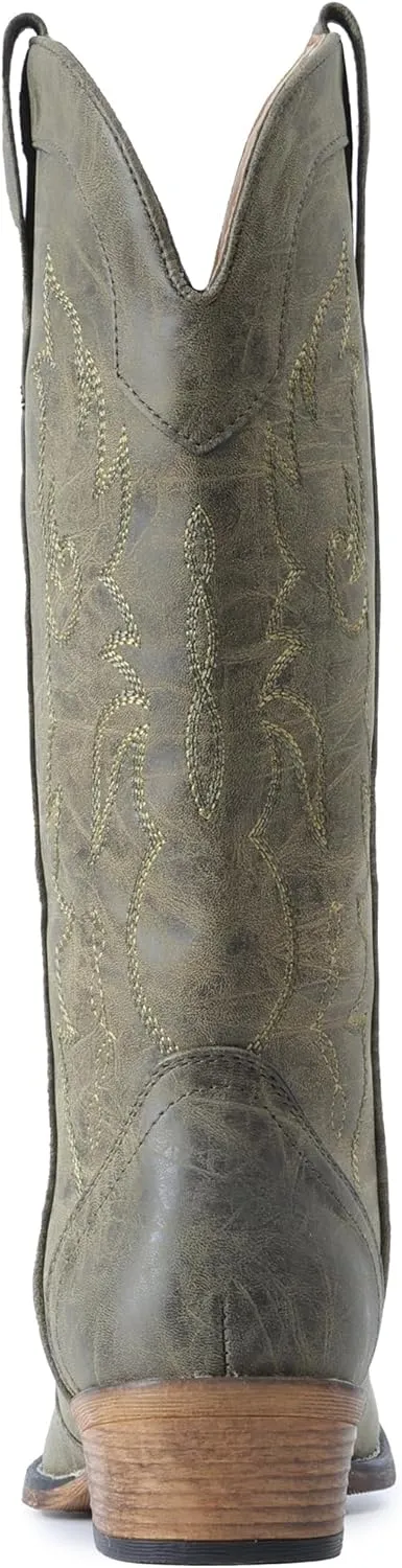 IUV Cowboy Boots for Women Mid Calf Fashion Cowgirl Boots with Embroidery Western Snip Toe