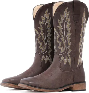 IUV Cowboy Boots For Women Square Toe Western Boots Mid Calf Cowgirl Boots Pull On Embroidered Brown Cowboy Boots