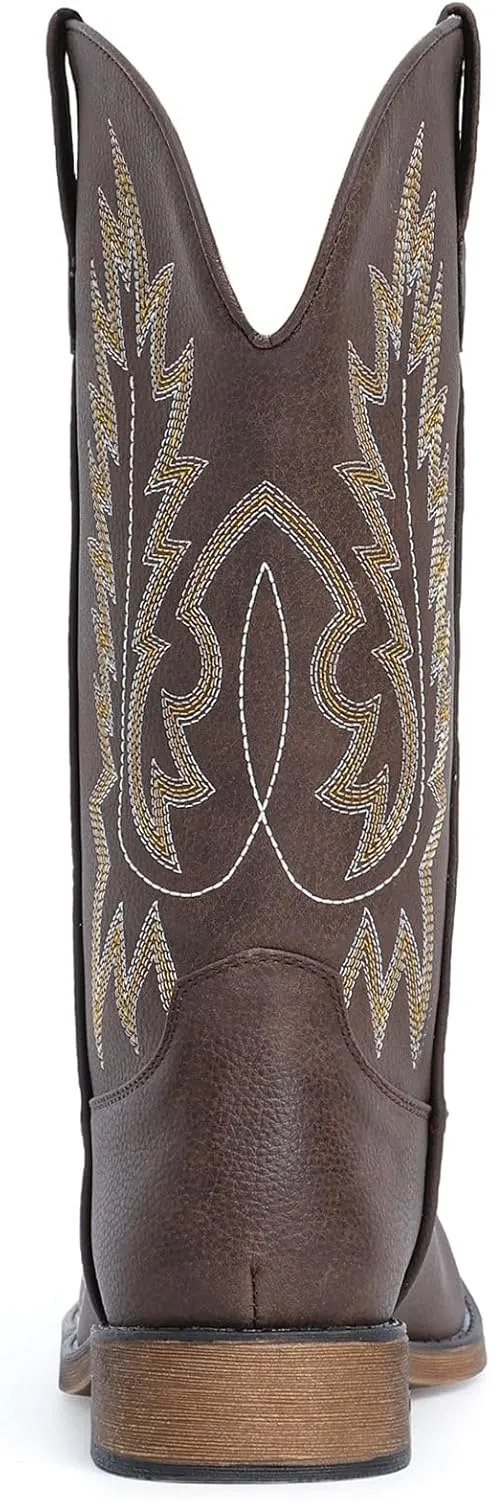 IUV Cowboy Boots For Women Square Toe Western Boots Mid Calf Cowgirl Boots Pull On Embroidered Brown Cowboy Boots