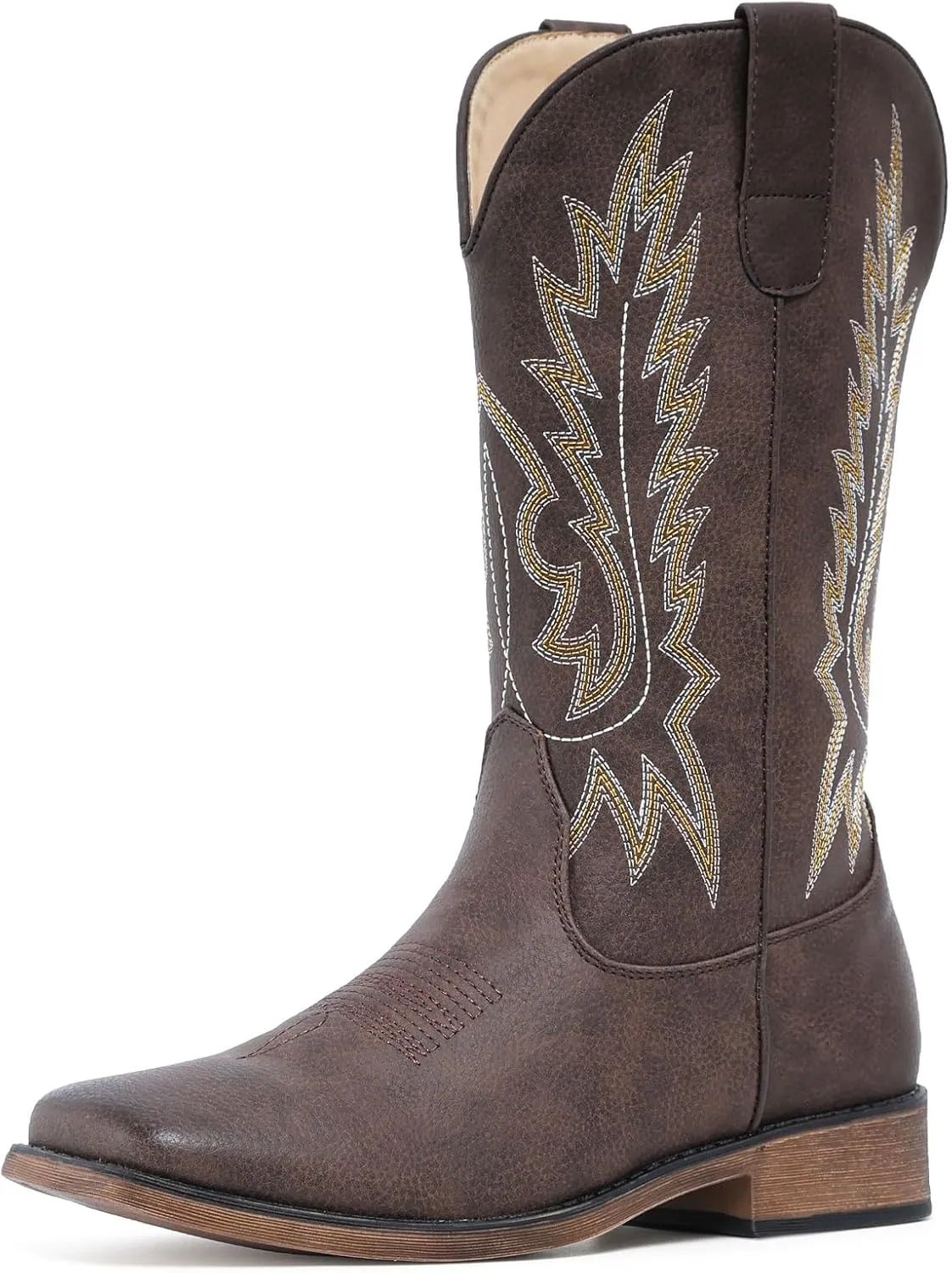 IUV Cowboy Boots For Women Square Toe Western Boots Mid Calf Cowgirl Boots Pull On Embroidered Brown Cowboy Boots