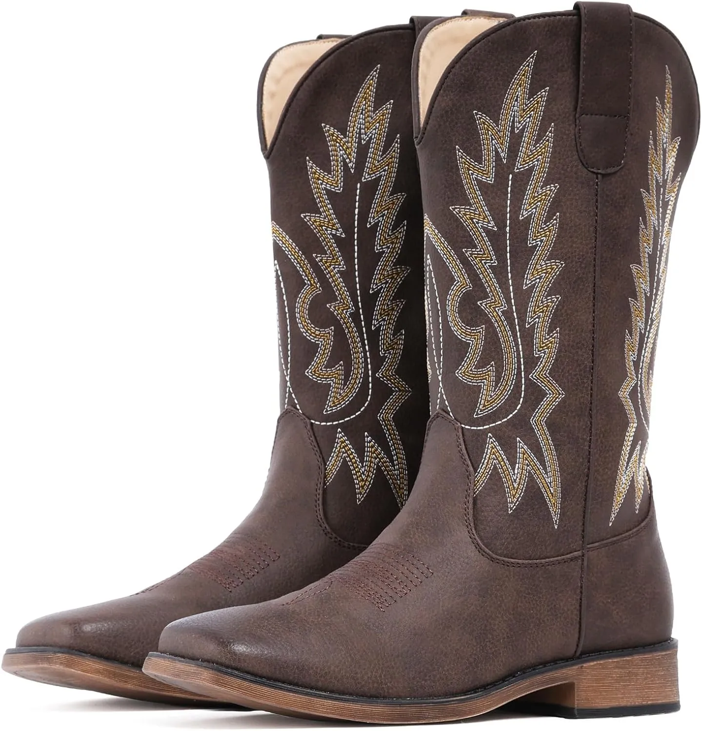 IUV Cowboy Boots For Women Square Toe Western Boots Mid Calf Cowgirl Boots Pull On Embroidered Brown Cowboy Boots