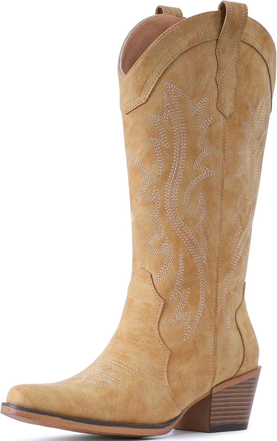 IUV Cowboy Boots For Women Western Cowgirl Boots with Chunky Heel Mid Calf Snip Toe Ideal for low insteps