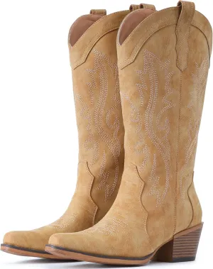 IUV Cowboy Boots For Women Western Cowgirl Boots with Chunky Heel Mid Calf Snip Toe Ideal for low insteps