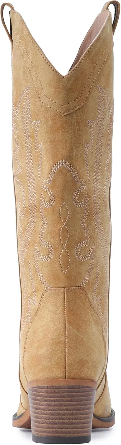 IUV Cowboy Boots For Women Western Cowgirl Boots with Chunky Heel Mid Calf Snip Toe Ideal for low insteps