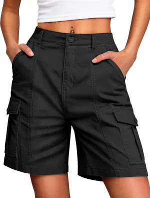 IWD Bermuda Cargo Denim Shorts for Women Knee Length 6 Pockets Elastic Waist Long Jorts for Summer Casual