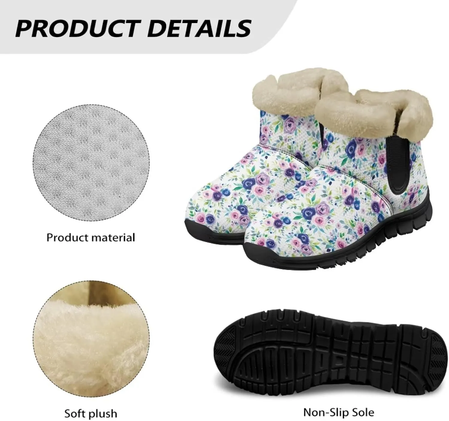 Jeiento Floral Women's Snow Boots Flowers Lightweight Fluffy Thickening Shoes Ladies Non Slip