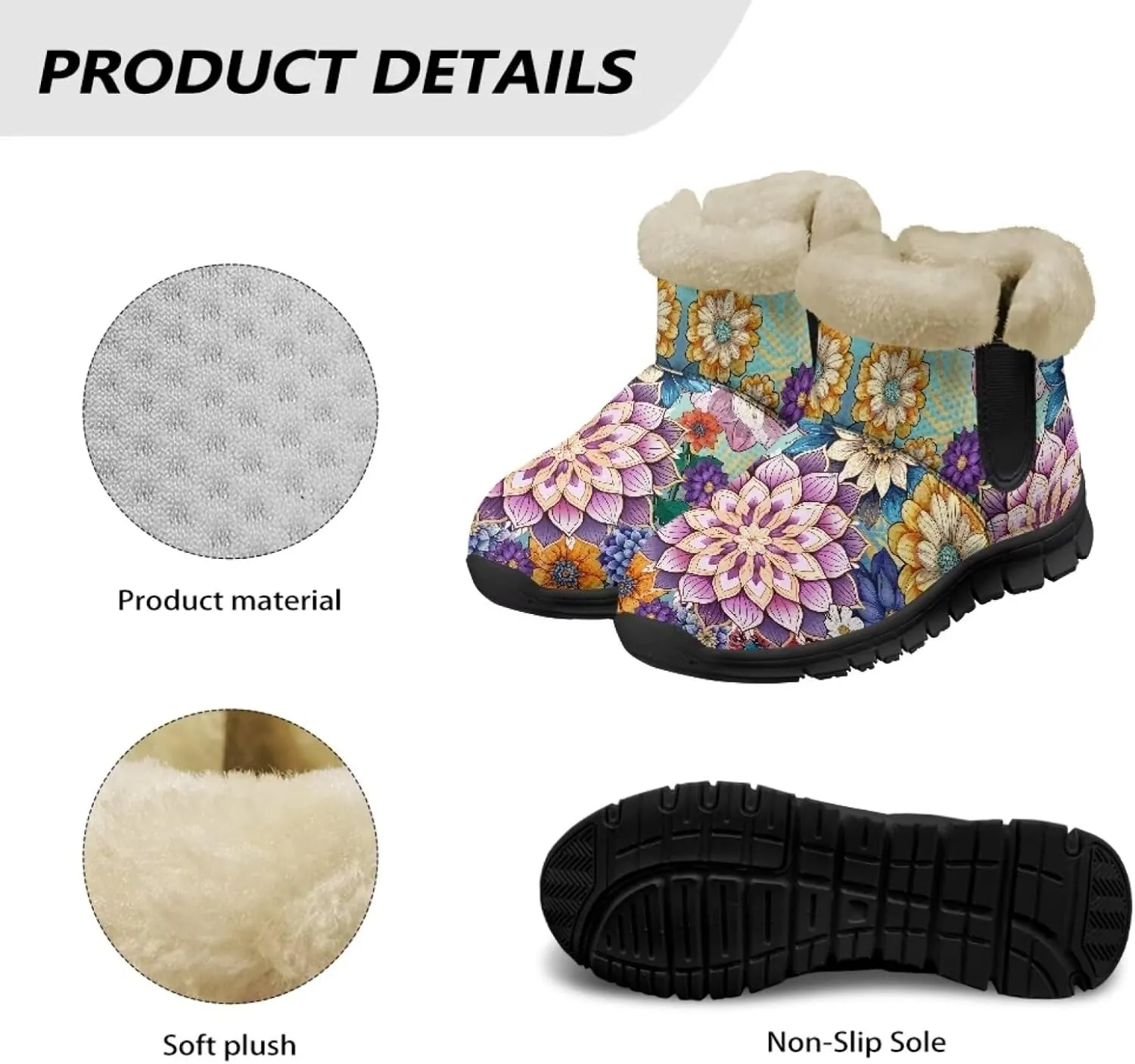 Jeiento Floral Women's Snow Boots Flowers Lightweight Fluffy Thickening Shoes Ladies Non Slip