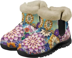 Jeiento Floral Women's Snow Boots Flowers Lightweight Fluffy Thickening Shoes Ladies Non Slip