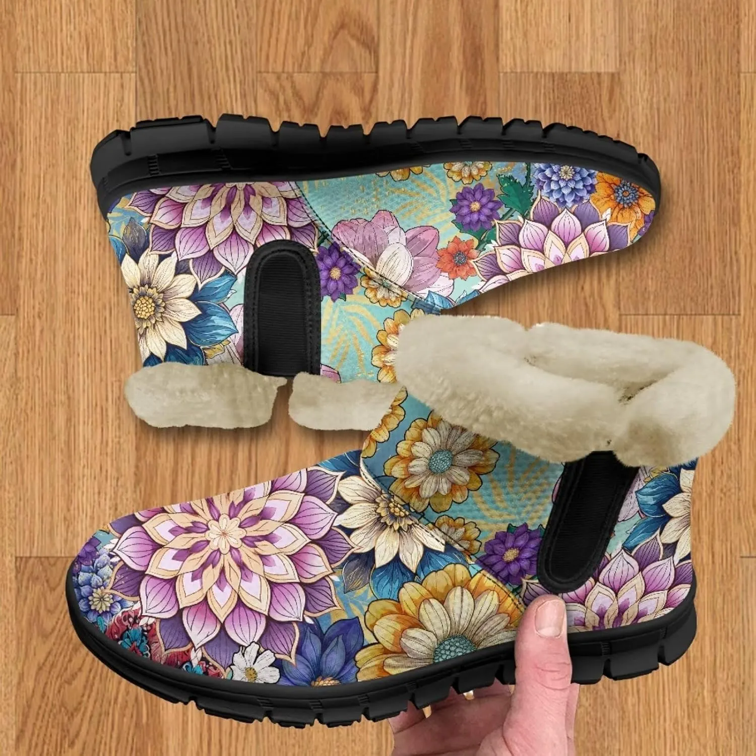 Jeiento Floral Women's Snow Boots Flowers Lightweight Fluffy Thickening Shoes Ladies Non Slip