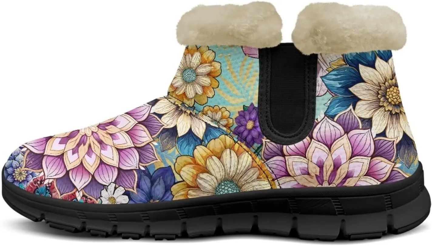 Jeiento Floral Women's Snow Boots Flowers Lightweight Fluffy Thickening Shoes Ladies Non Slip