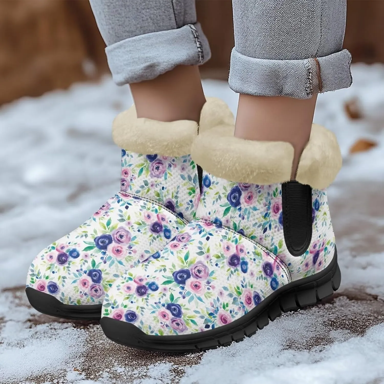Jeiento Floral Women's Snow Boots Flowers Lightweight Fluffy Thickening Shoes Ladies Non Slip
