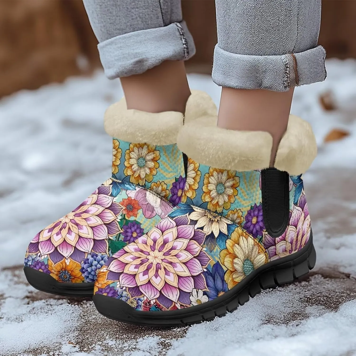 Jeiento Floral Women's Snow Boots Flowers Lightweight Fluffy Thickening Shoes Ladies Non Slip