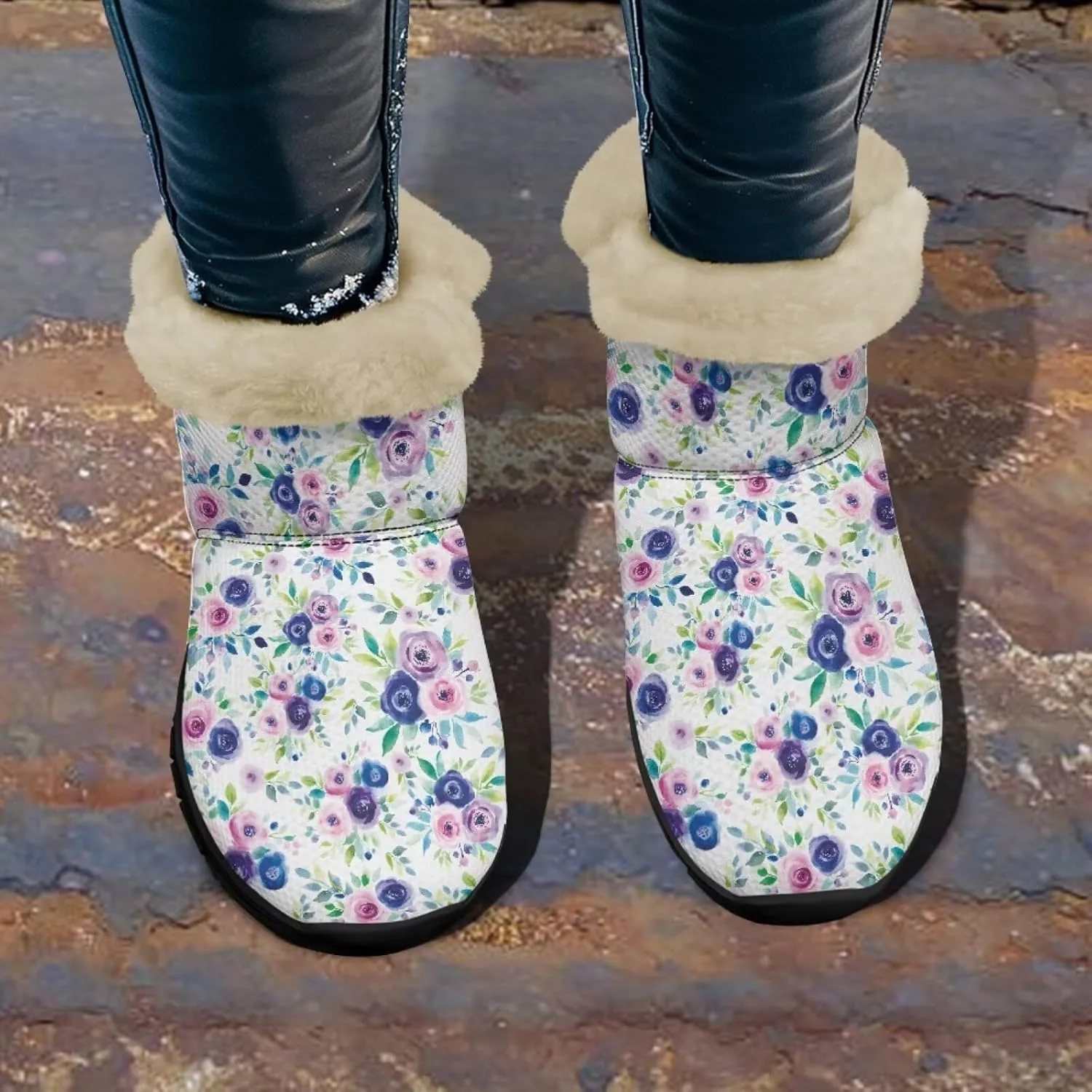 Jeiento Floral Women's Snow Boots Flowers Lightweight Fluffy Thickening Shoes Ladies Non Slip