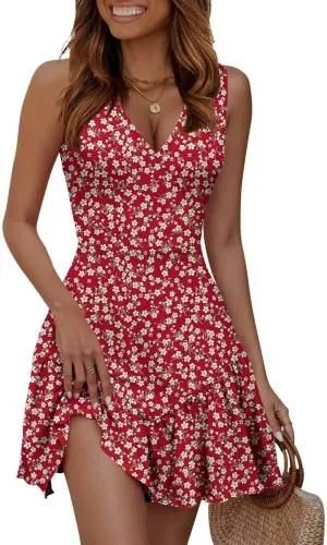 JOCAFIYE Women's Dresses Summer Sleeveless Sexy Wrap V Neck Floral Sundress Mini Dress Beach Dress