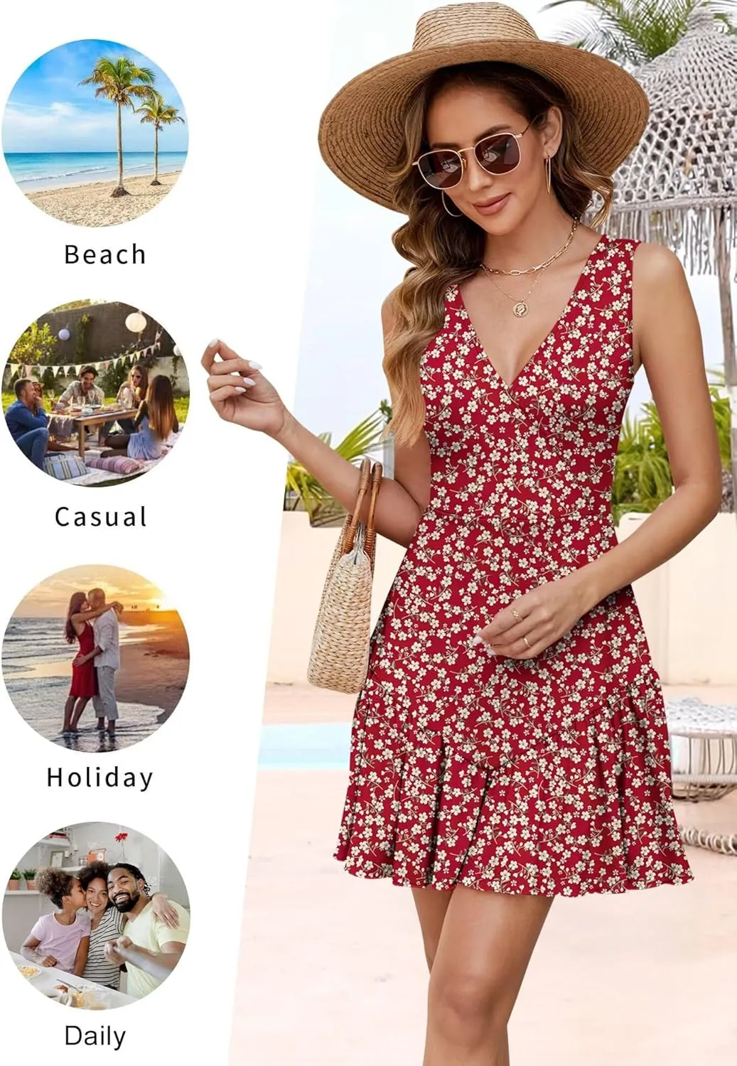 JOCAFIYE Women's Dresses Summer Sleeveless Sexy Wrap V Neck Floral Sundress Mini Dress Beach Dress