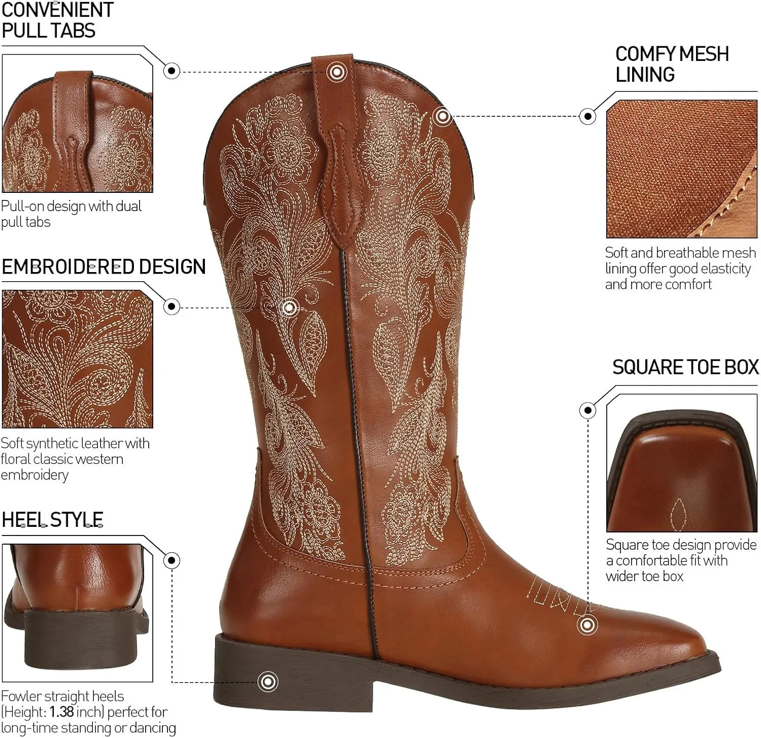 J's.o.l.e Women's Floral Embroidered Cowboy Boots Square Toe Fashion Western Cowgirl Boots